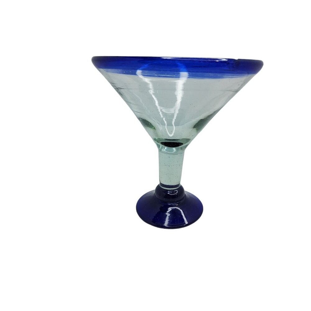 vintage large hand blown art glass cobalt blue rim margarita glass